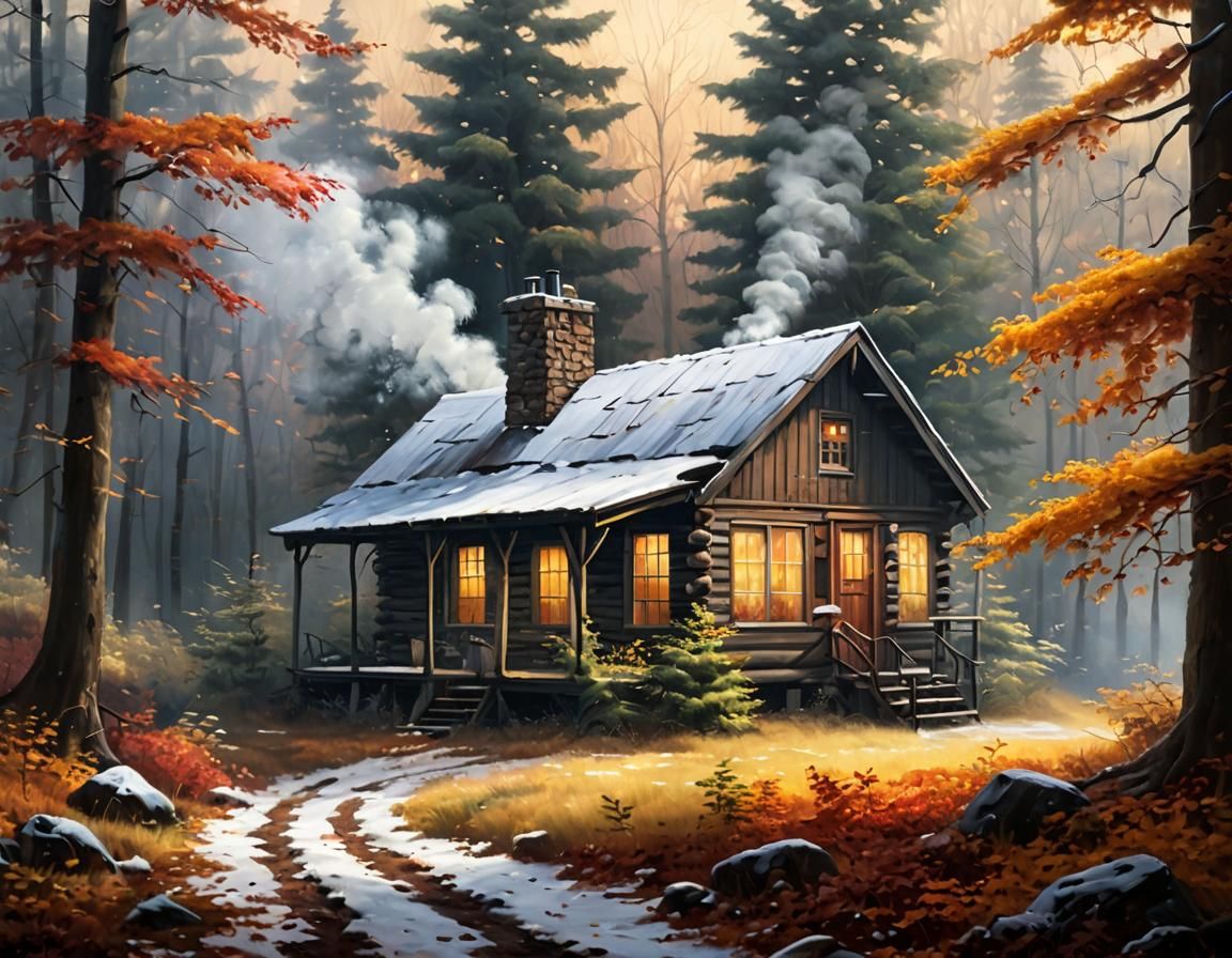 Secluded Cabin in Autumn Woods: Oil Painting