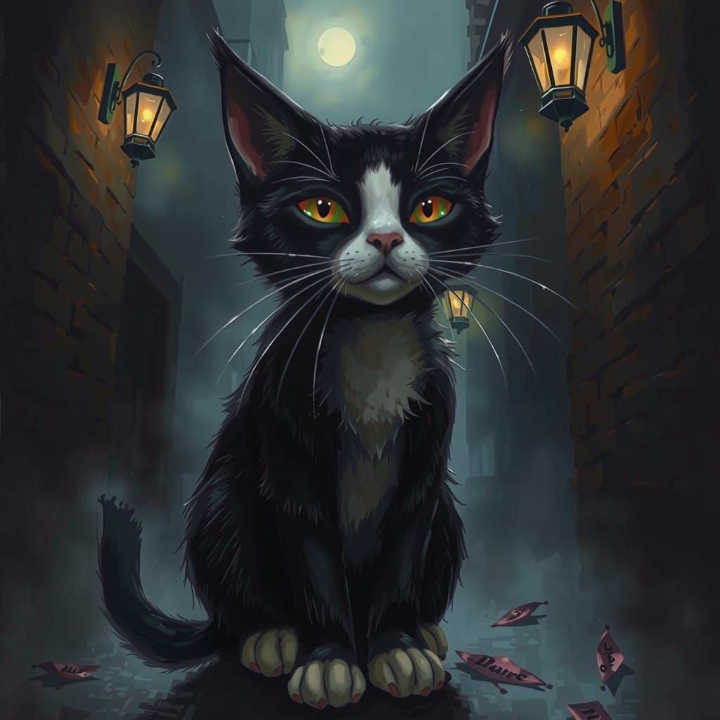 Mysterious Alleyway Cat in a Fusion of Impressionist and Exp...