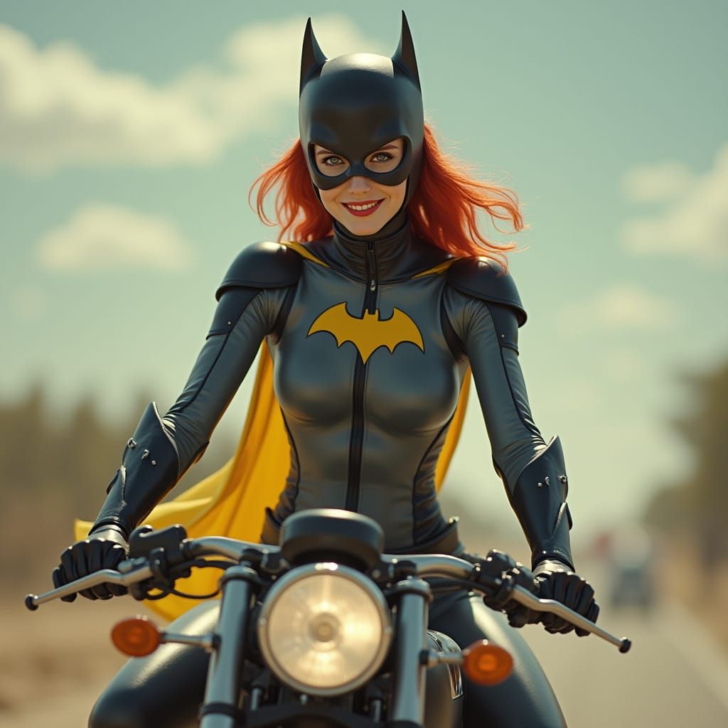 Batgirl Motorcycle Stunt in Futuristic Style
