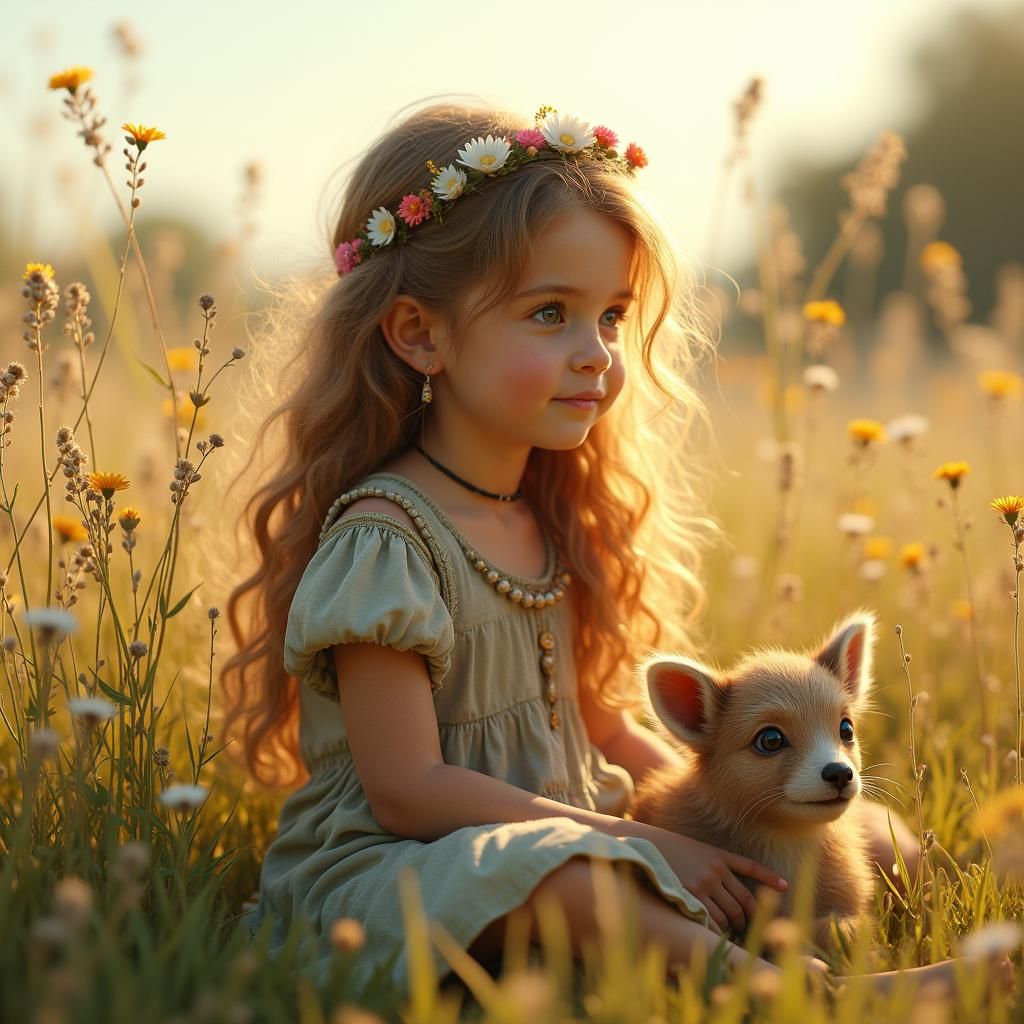 Child and Magical Animal in Sunny Meadow