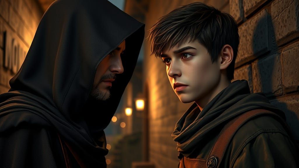Mysterious Hooded Figure Watches Over a Young Servant in a M...