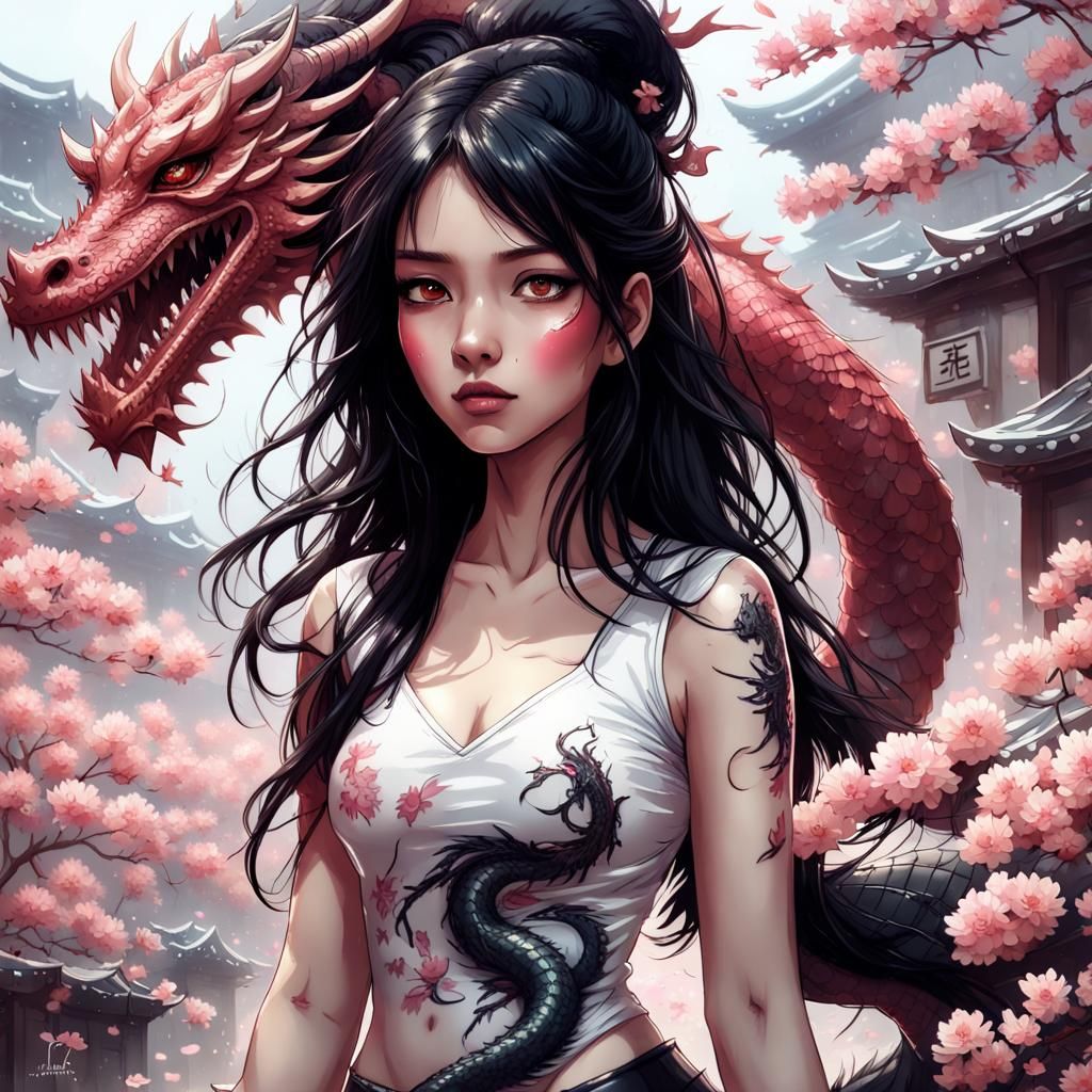Fantasy Girl with Dragon Tattoo in Cherry Blossoms