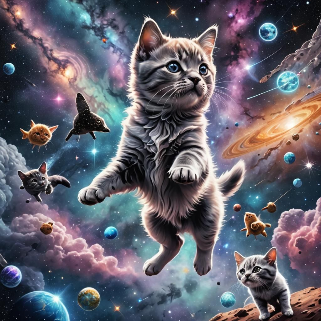 Puppy and Kitten Flying in Space