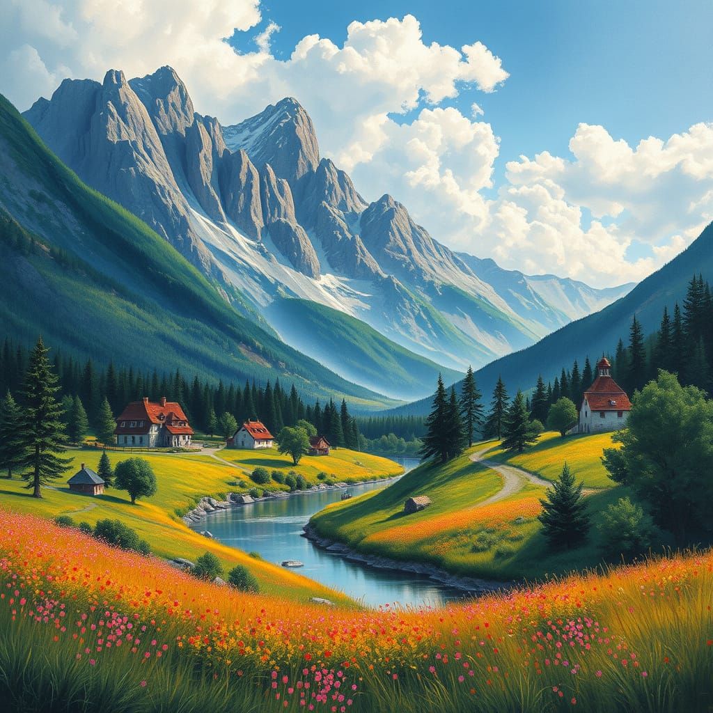 Idyllic Landscape with Majestic Mountains and Lush Grassland...