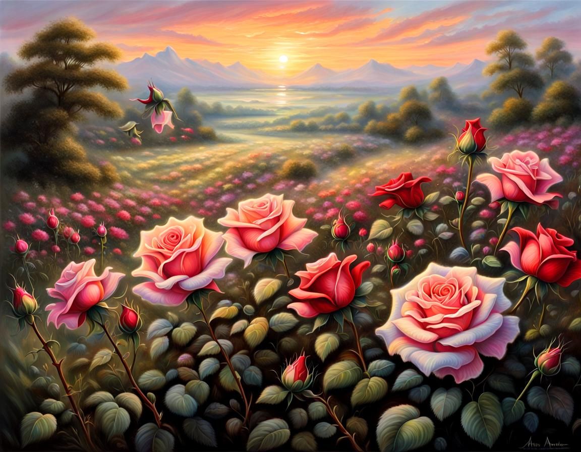 Rose in Sunset Field: A Neo-Romantic Airbrush Painting