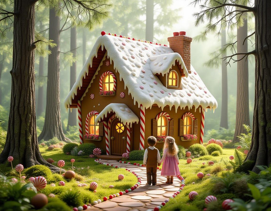 Hansel and Gretel Discover a Gingerbread Cottage