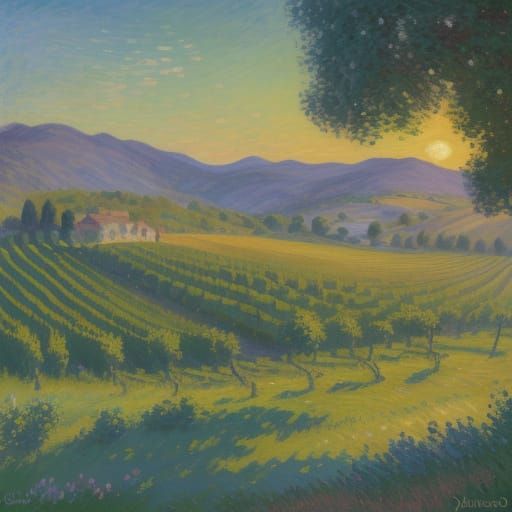 Impressionist Vineyard Scene with Golden Hour Glow