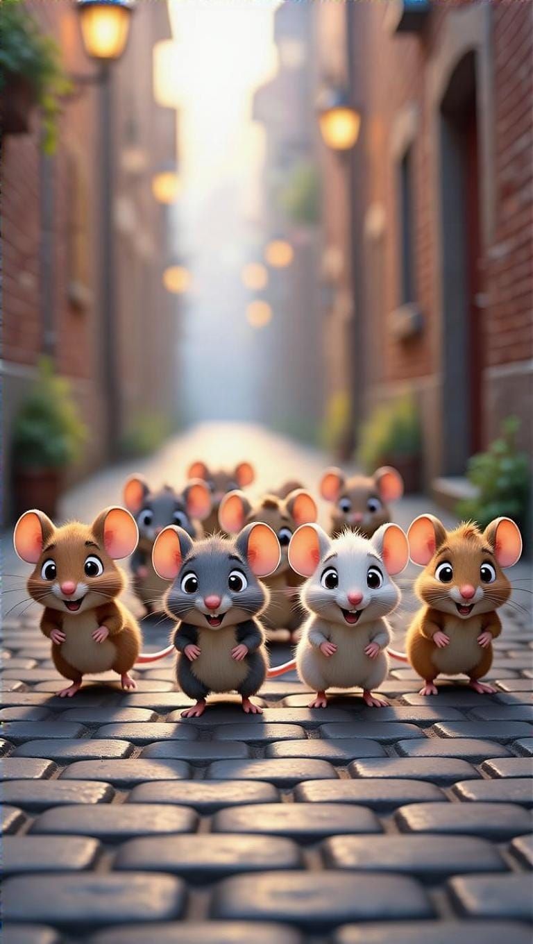 Playful Cartoon Mice in Whimsical Urban Setting
