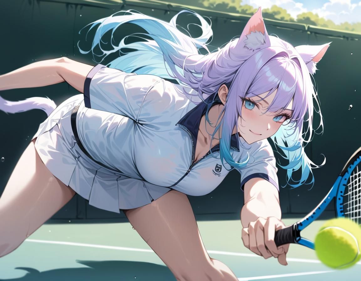 Aesthetic Catgirl Plays Tennis in Soft Light