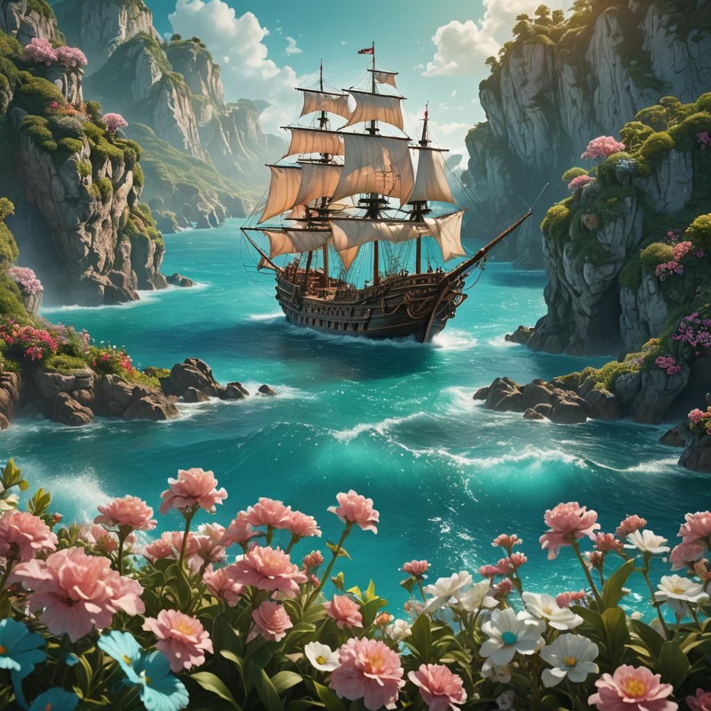Pirate Ship Sails in Rococo Digital Painting