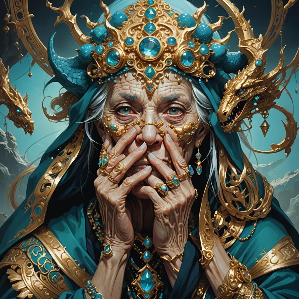Old Woman's Gilded Mask: Dark Fantasy Portrait