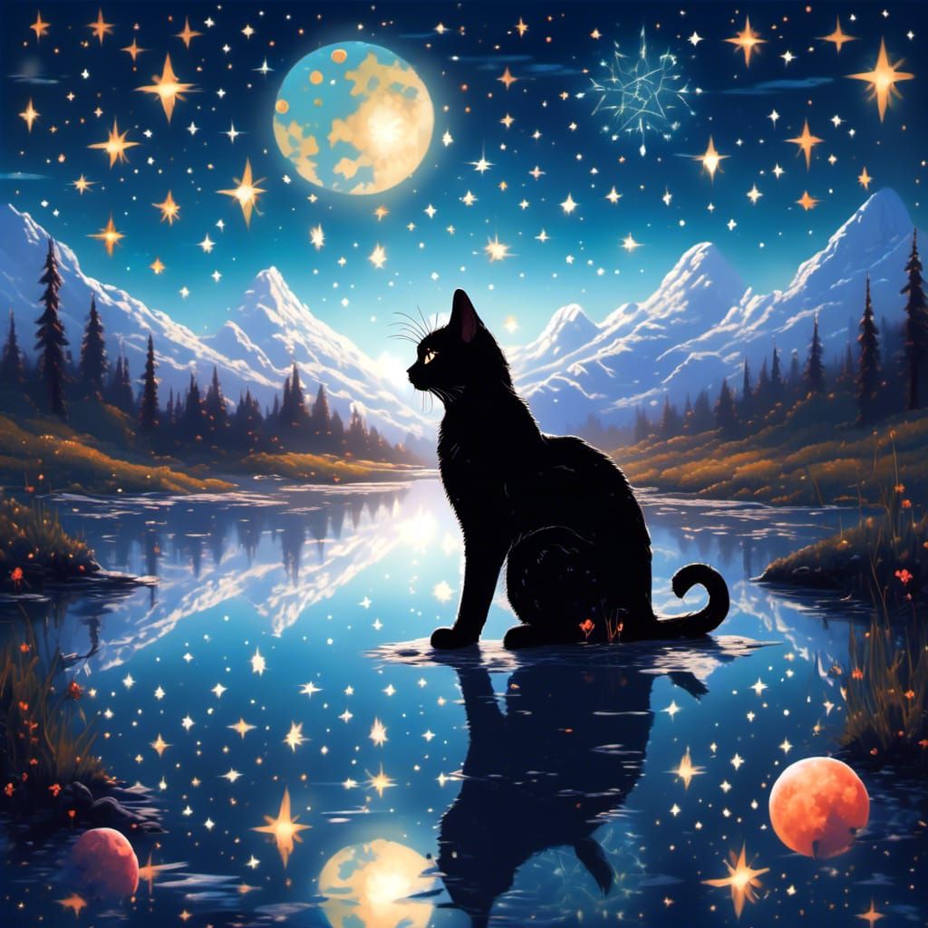 Silhouette of Evil Cat on Starry Lake