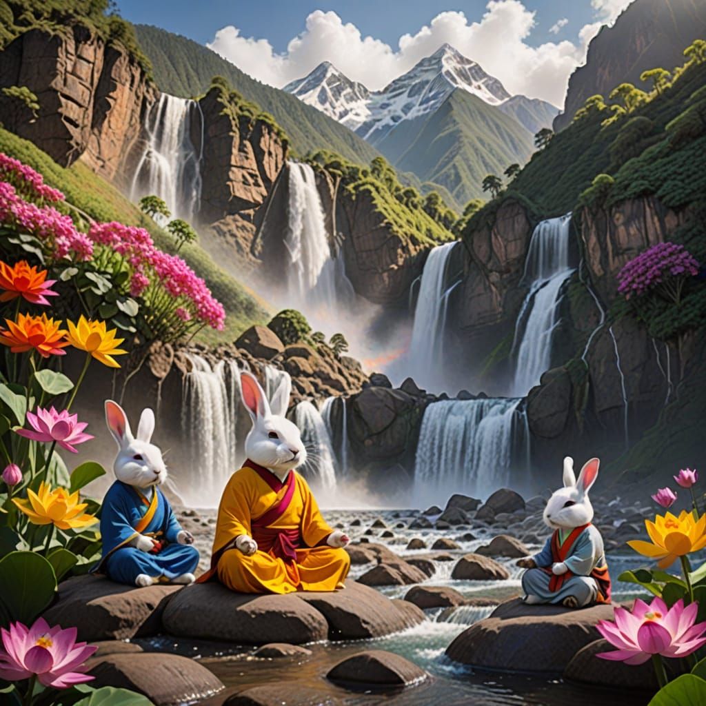 Meditating Rabbits: Peaceful Mountain Waterfall Scene