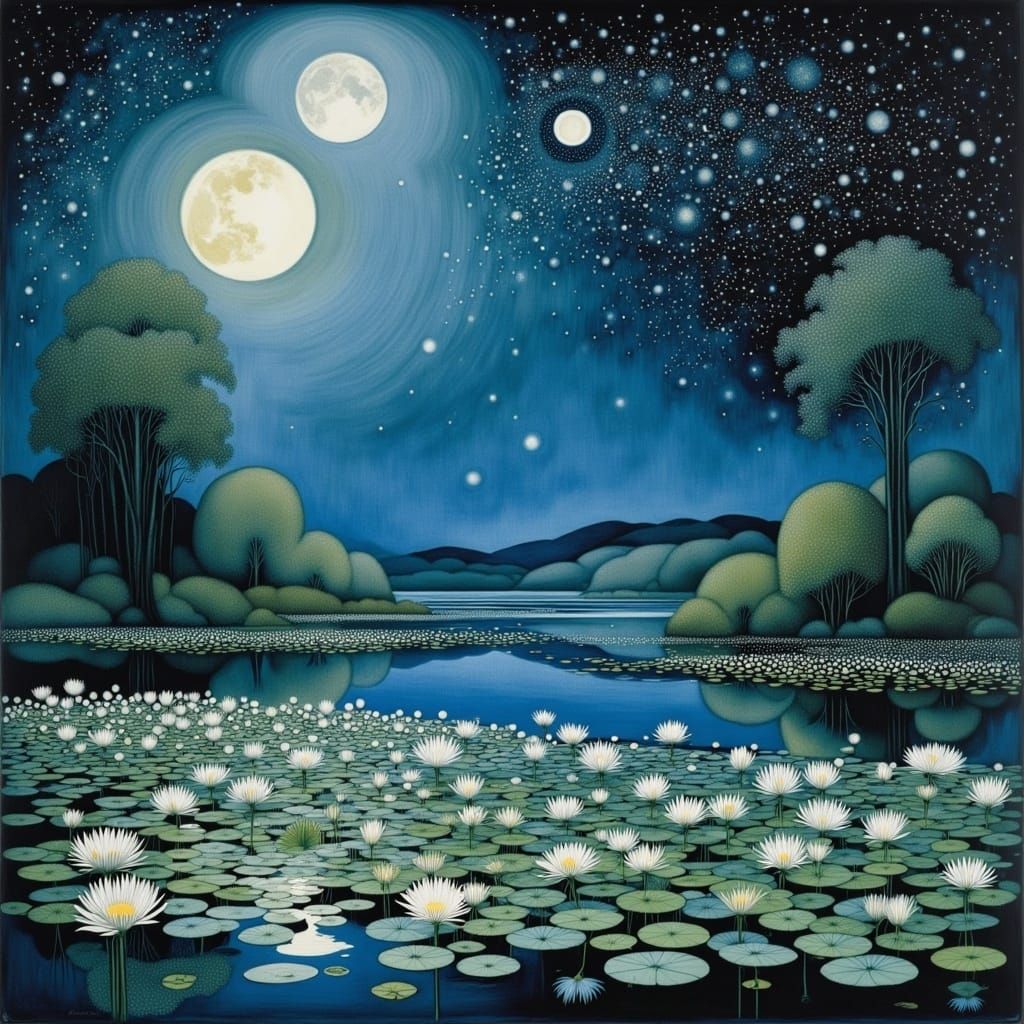 Dreamy Water Lilies Under Starry Night Sky