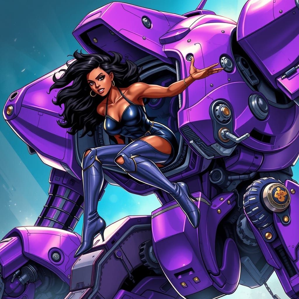 Black Woman Leaps from Ornate Purple Mech