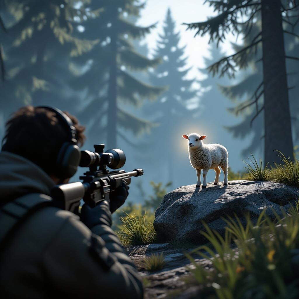 Sniper Scope View of Lamb in Forest
