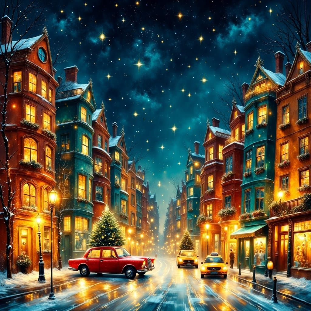 Whimsical Holiday City Street Digital Illustration