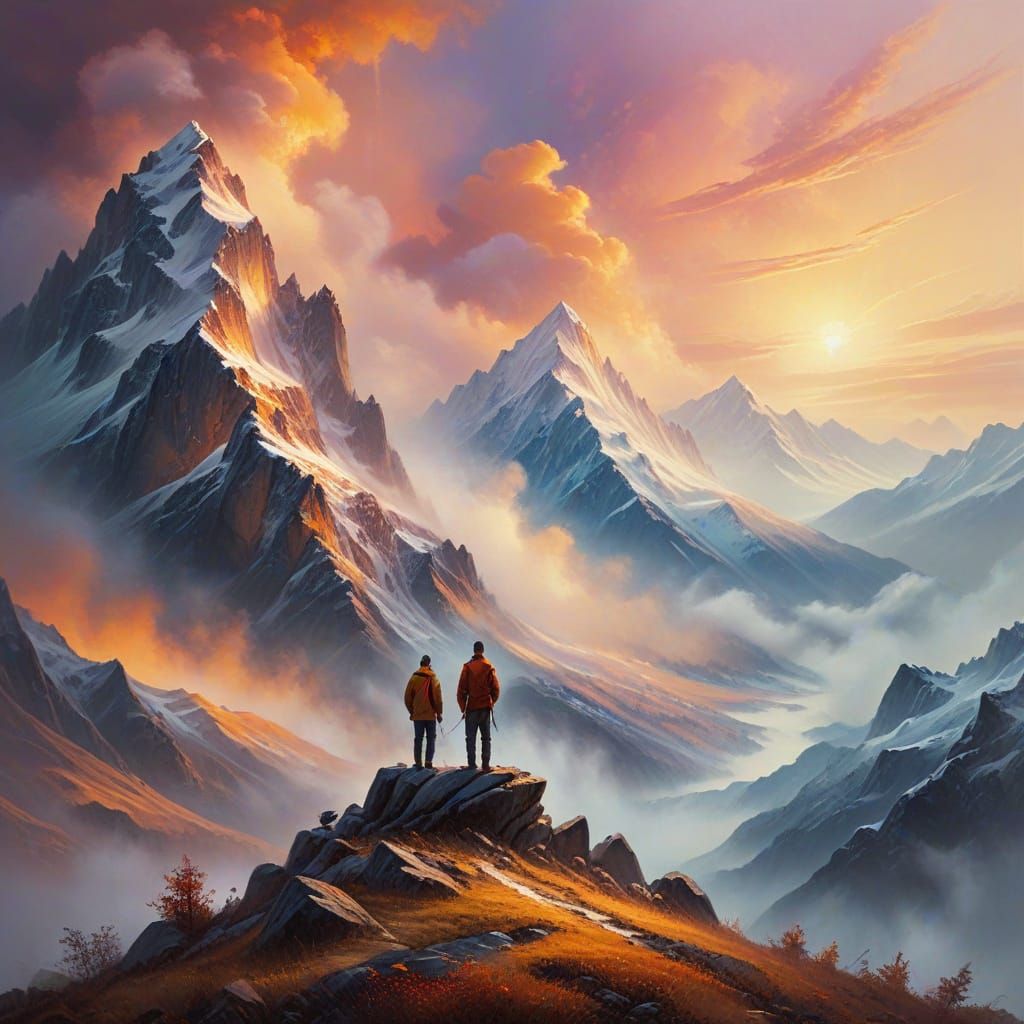 Surreal Mountain Scene with Father in Oil Paint