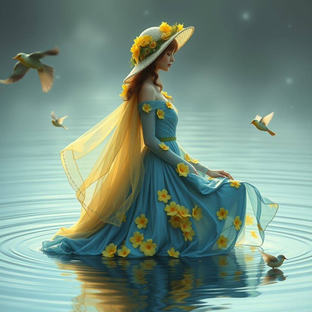 Elegant Woman in Floral Dress in Water, Ethereal Fantasy Sty...