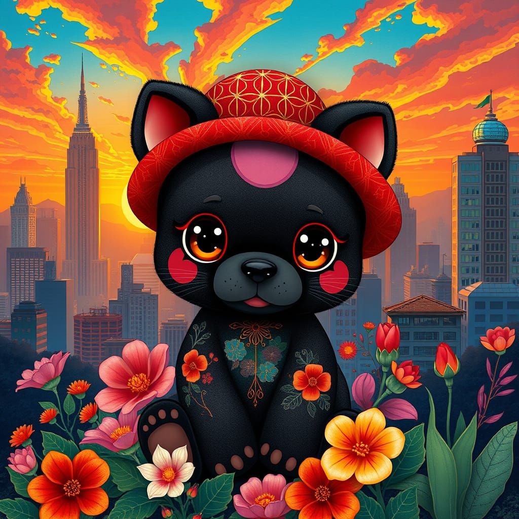 Rainbow Puppy Doll in Ukiyo-e Art Nouveau Style