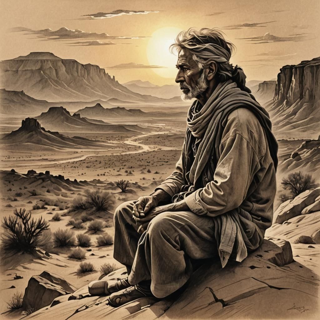 Desert Wanderer Resting: Pencil and Charcoal Sketch