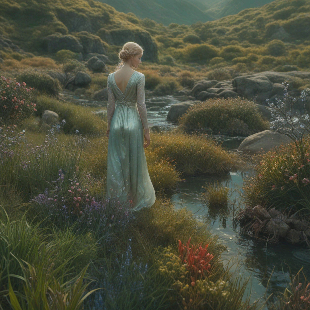 Surreal Figure Embarks in Vibrant, Dreamlike Landscape