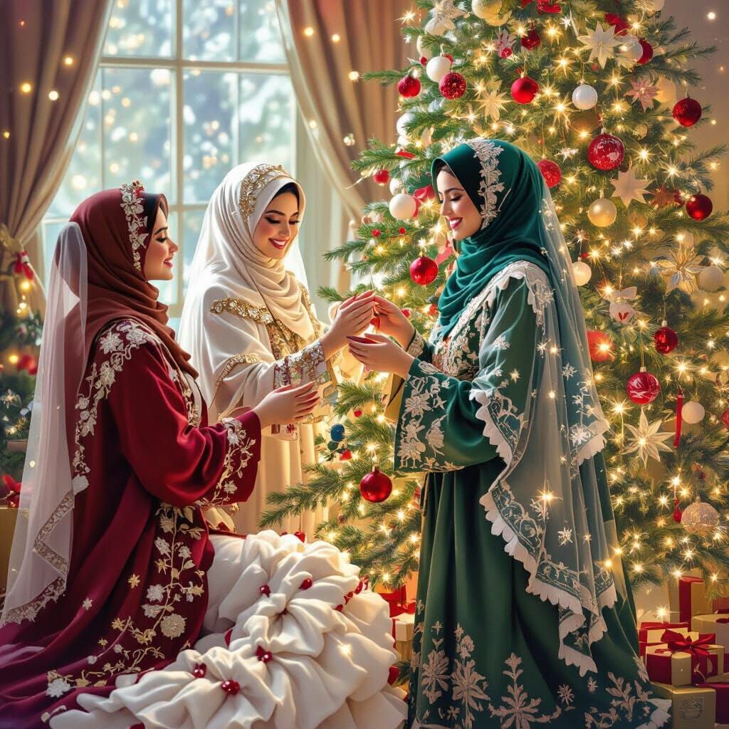 Hijabi Woman Decorates Christmas Tree With Sisters