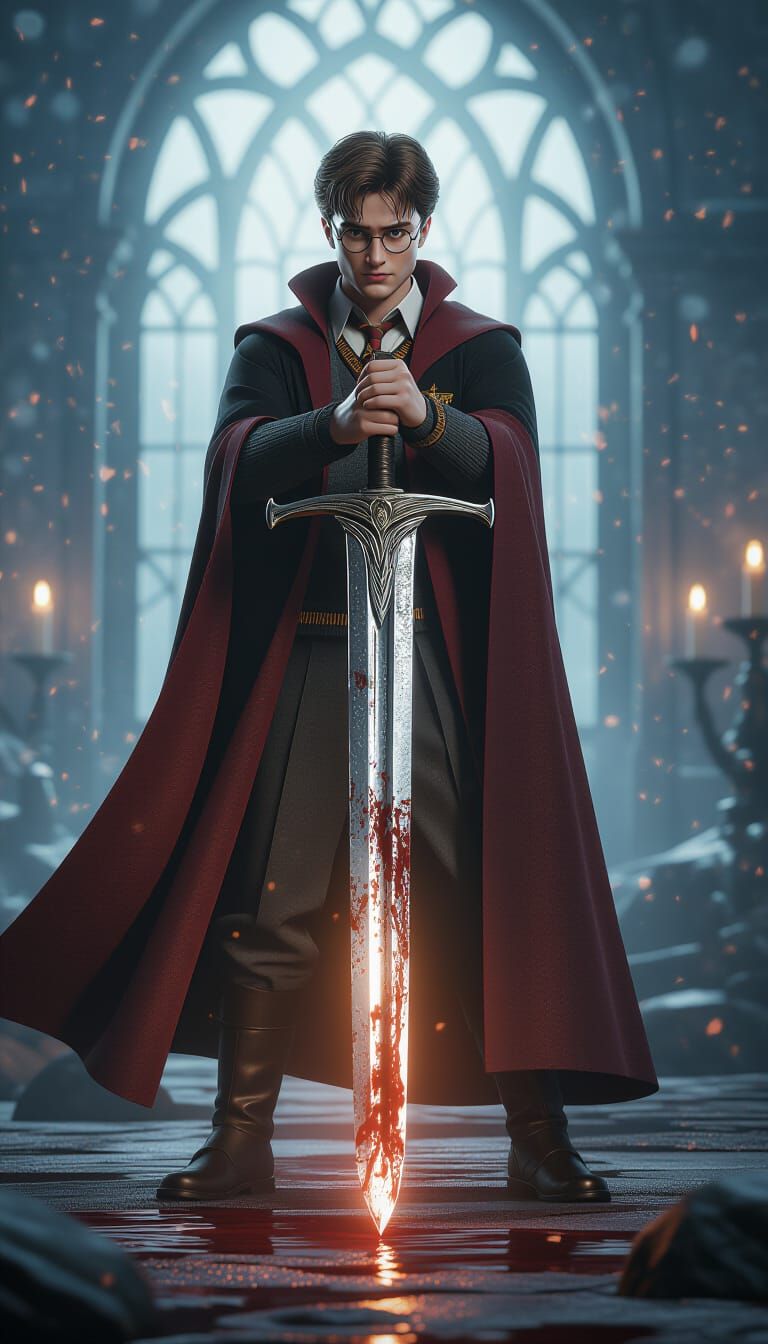 Harry Potter with Bloodied Sword in Mystical Setting