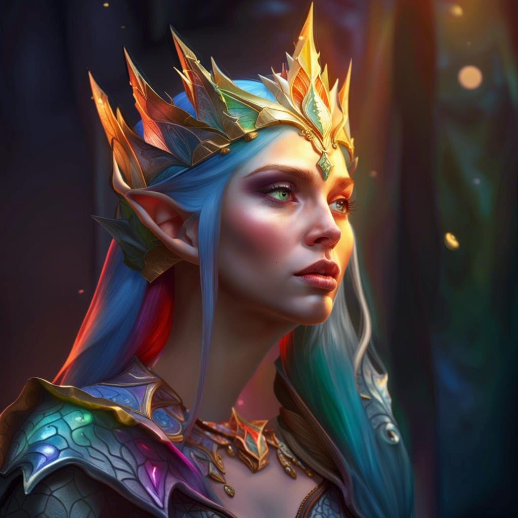 Beautiful Elf Queen in Hyperrealistic Splash Art Style