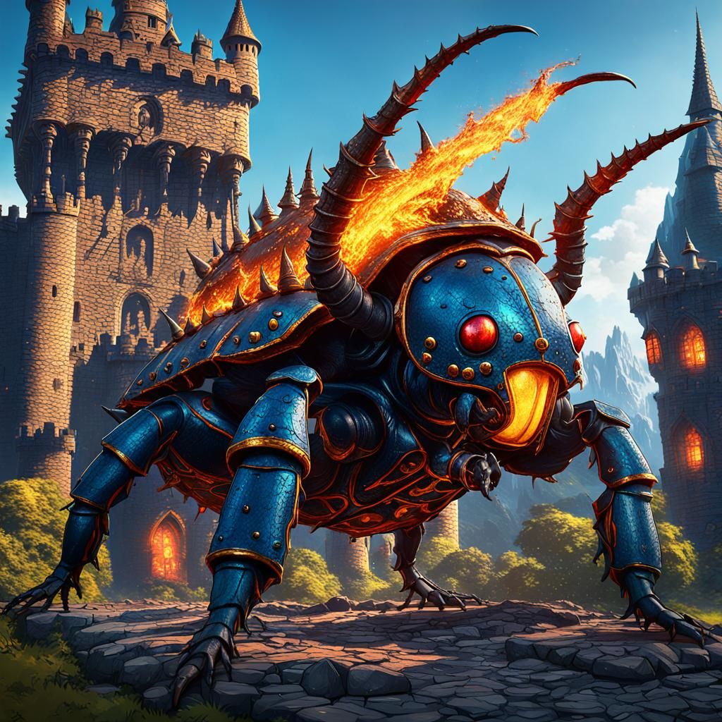 Giant Fire Beetles Attack Ornate Castle: Fantasy Art
