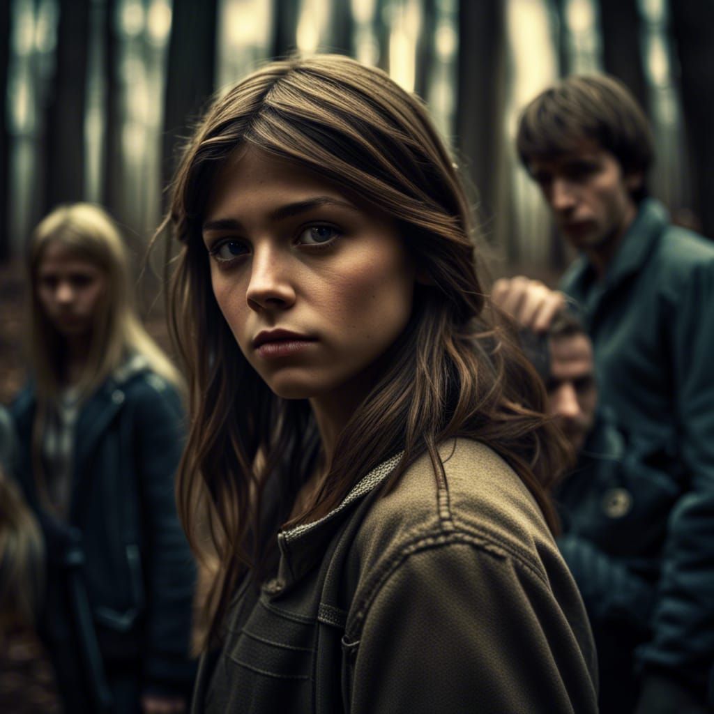 Gang Encircling Girl in Woods: Hyperrealistic Detail