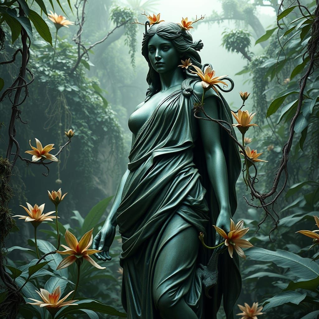 Majestic Goddess Reclaimed by Nature in Rich Bronze Patina
