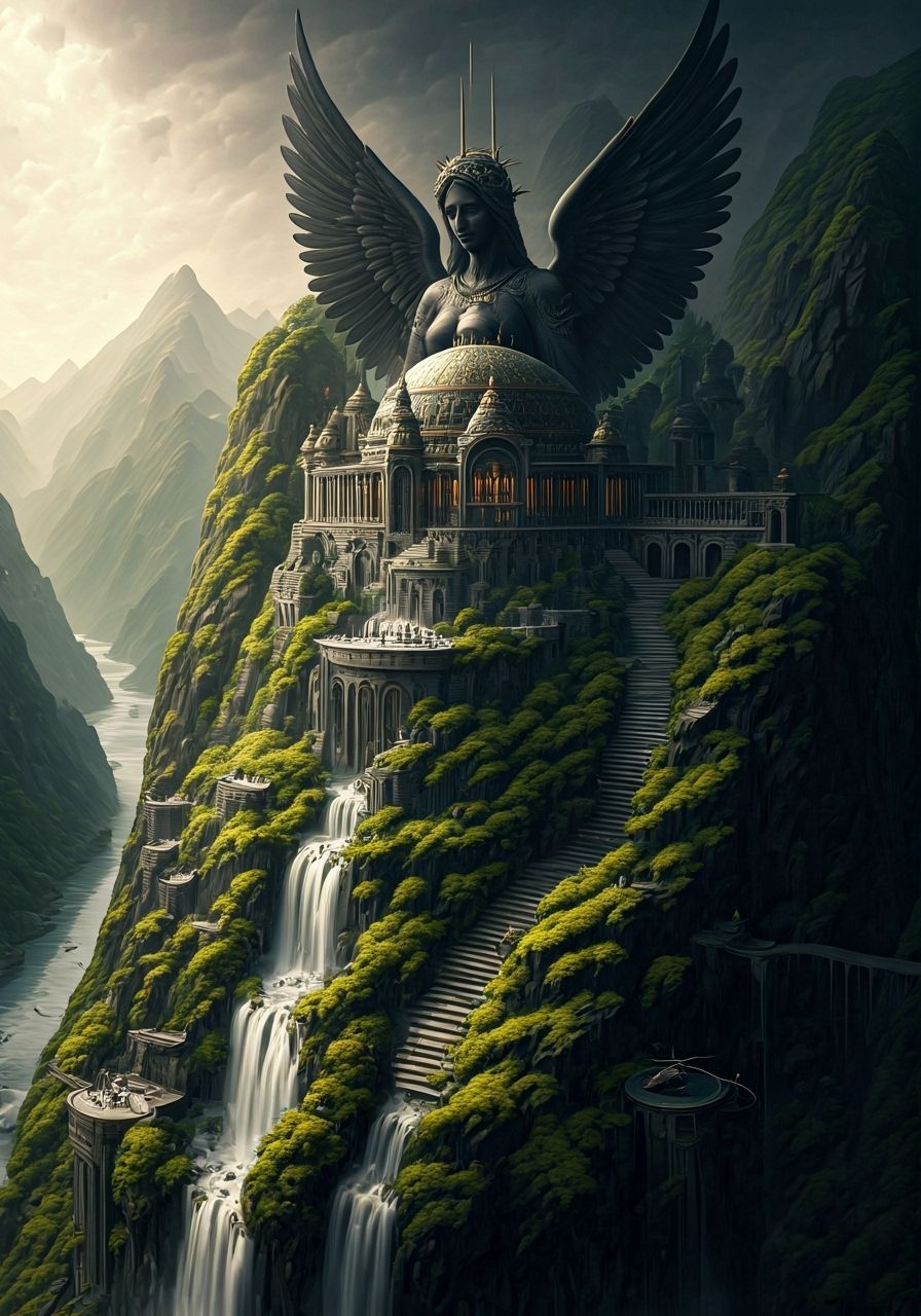 Expansive Black Marble Temple City on Mountain with Angel St...