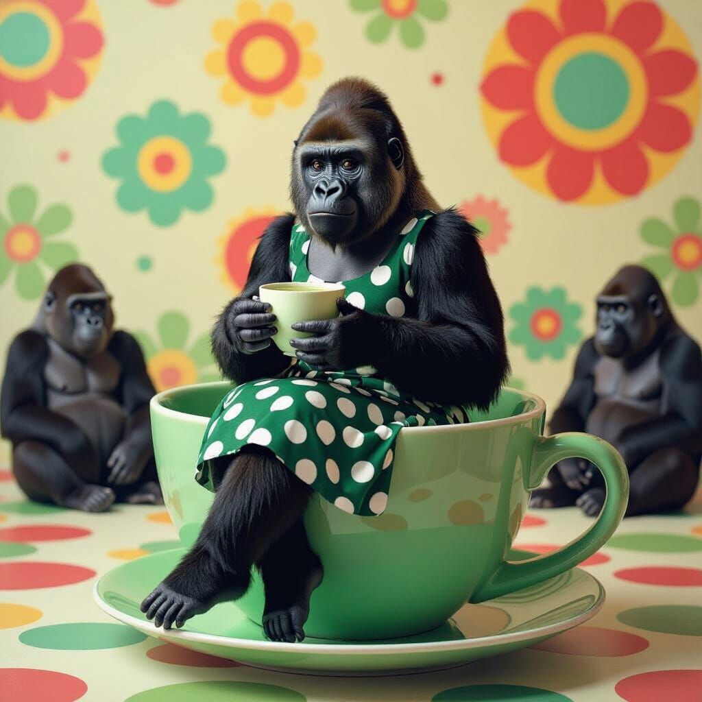 Chic Gorilla Sipping Matcha in Surreal Setting