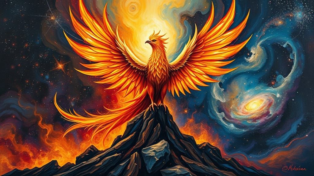Phoenix Ascending from Cosmic Fire: Expressionist Art