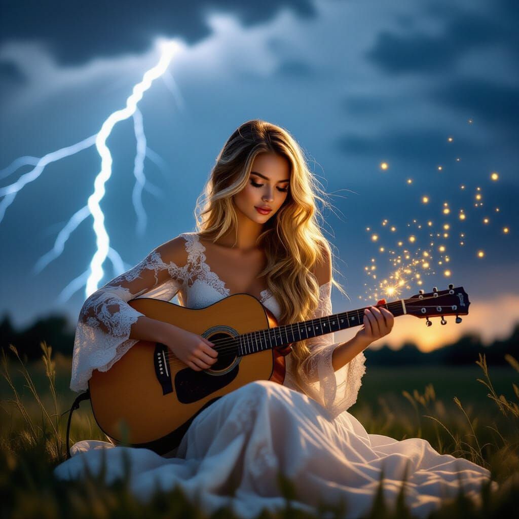 Woman Playing Guitar Under Stormy Sky in Magical Realism Sty...