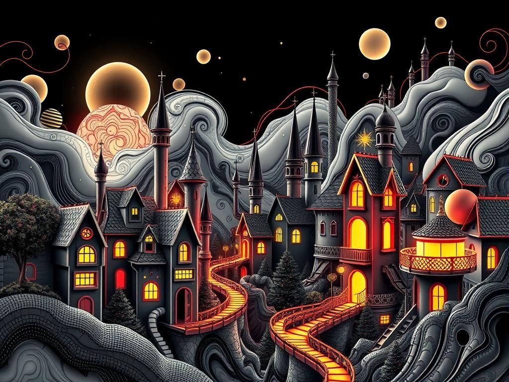 Abstract Black and White Fantasy Town with Neon Colors