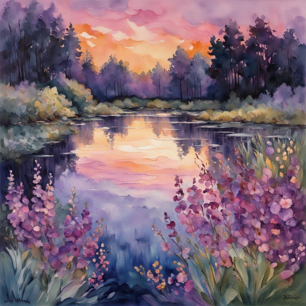 Tranquil Lake Sunset with Wildflowers and Silhouetted Trees