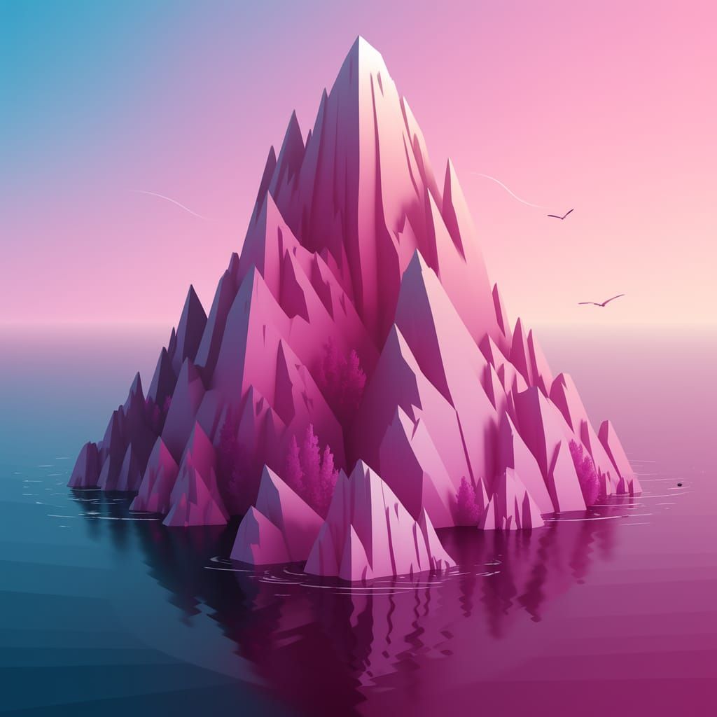 Minimalist Island Concept Art in Soft Pink and Blue