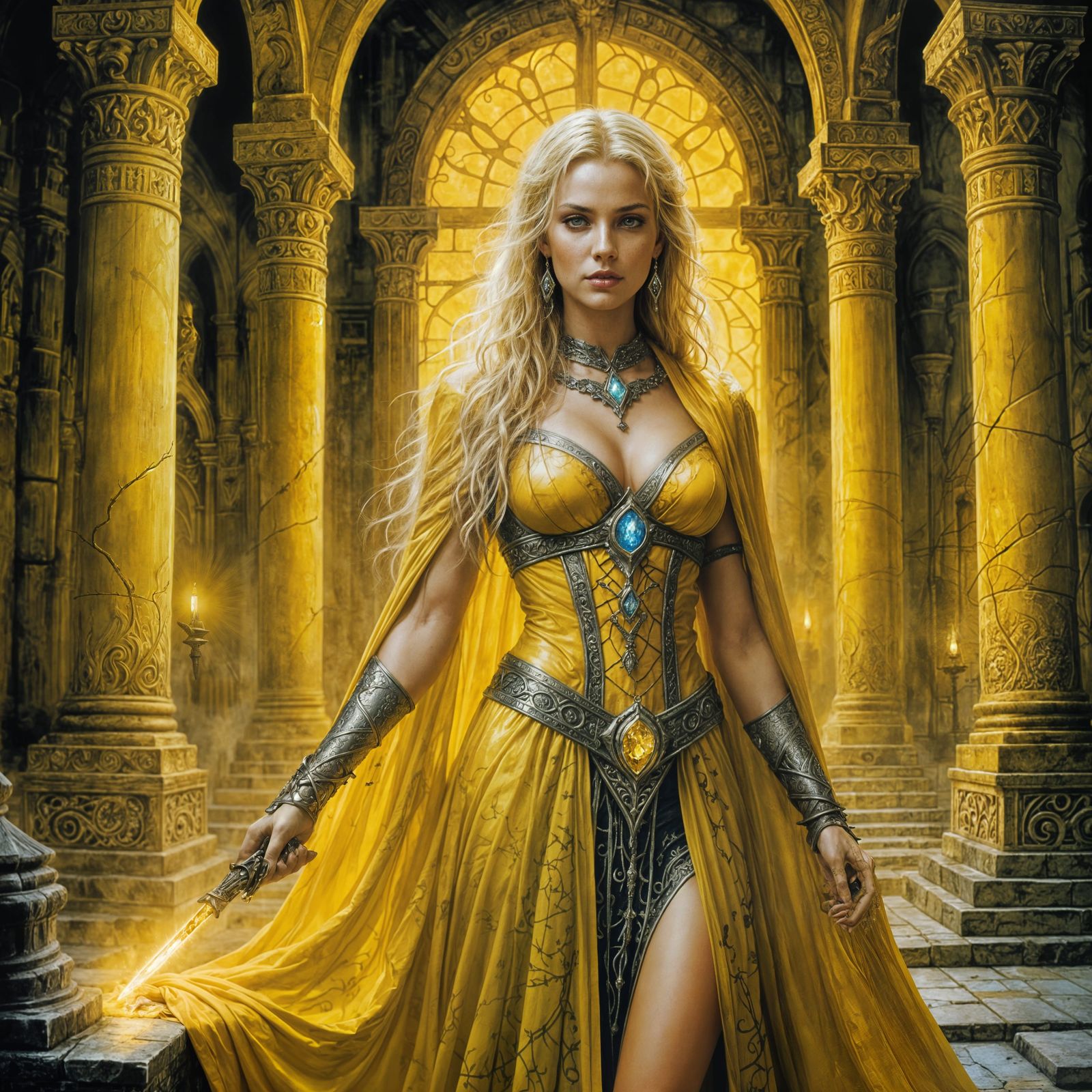 Luminous Temple Priestess in Dark Fantasy Style