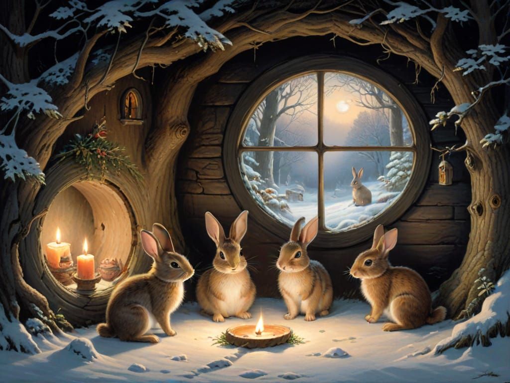 Rabbits in Cozy Winter Wonderland