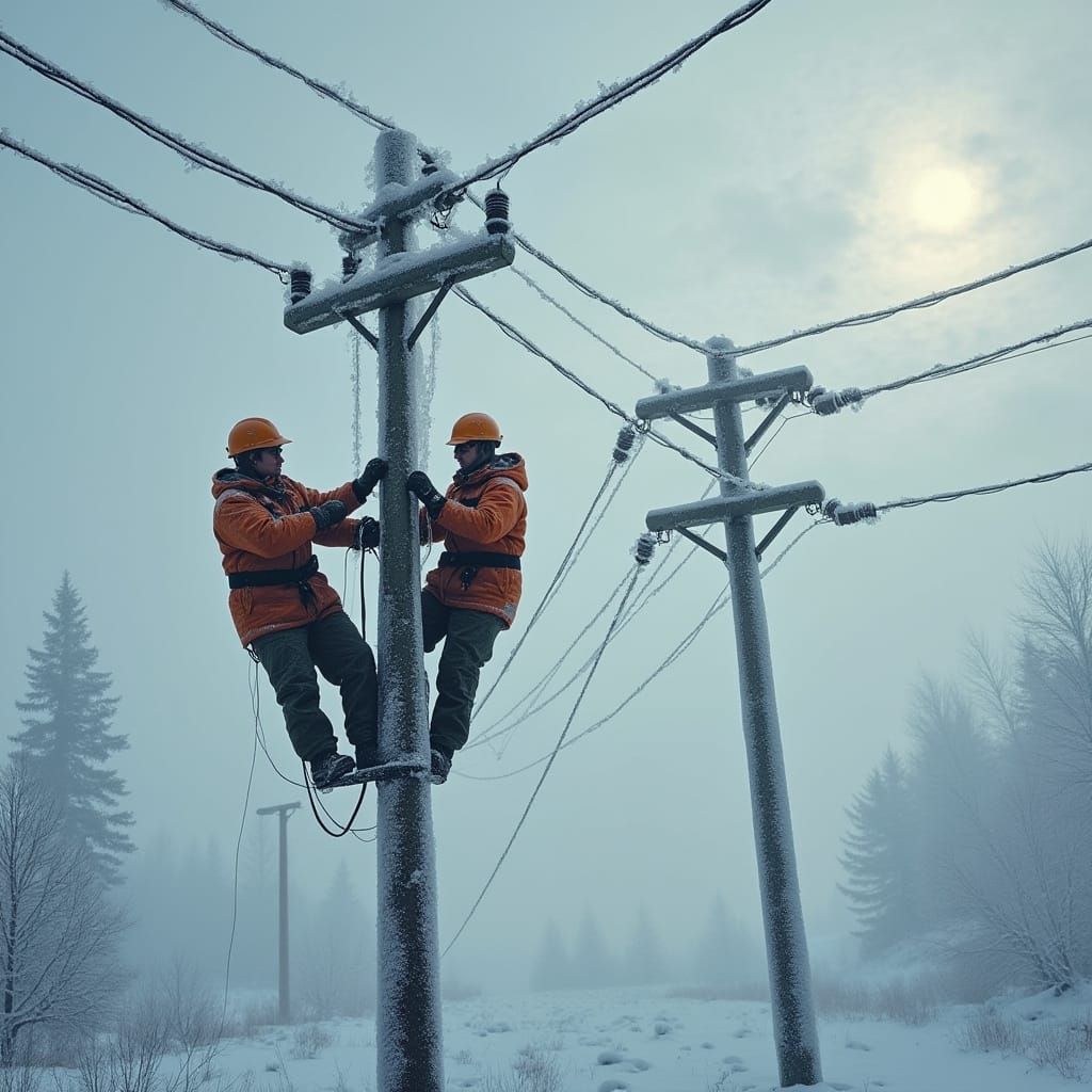 Brave Electrical Linemen Work in Harsh Winter Conditions