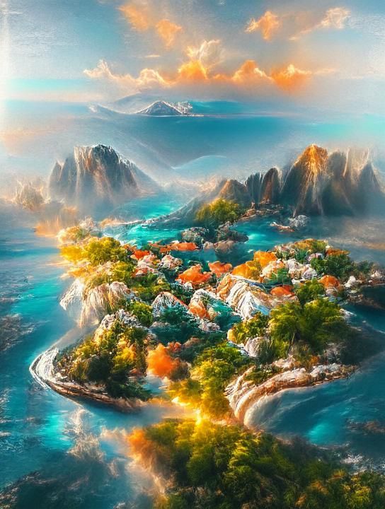 Island Paradise Seascape at Sunrise in 3D
