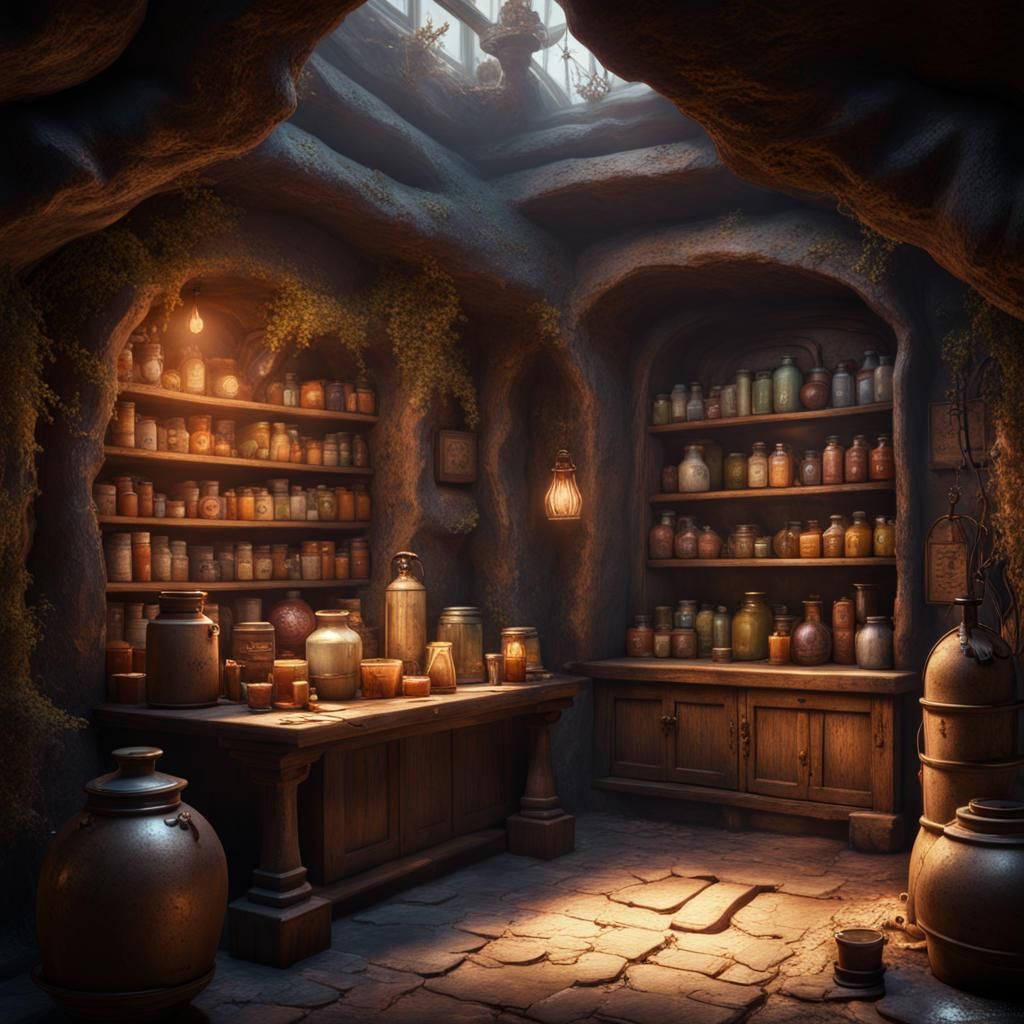 Fantastical Subterranean Potion Shop Concept Art