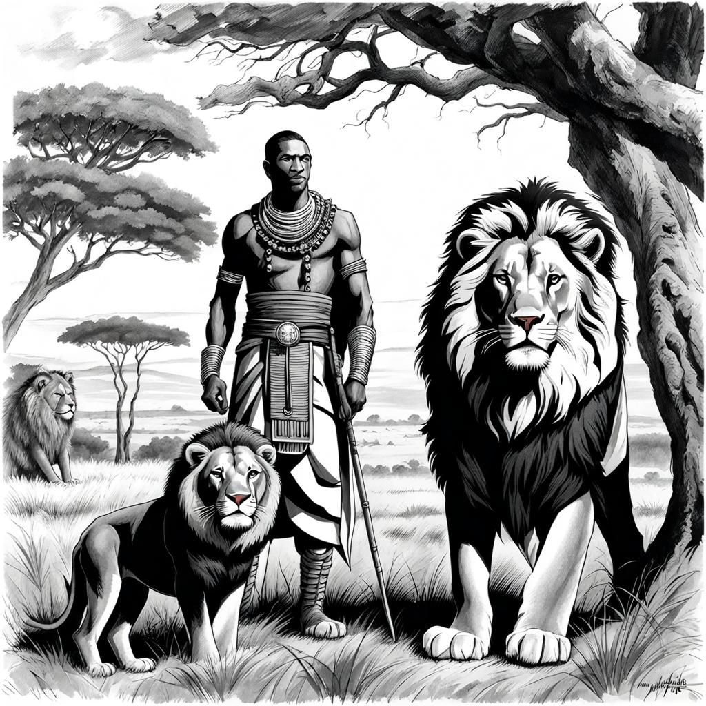 Masai Warrior and Lion Sketch in Comic Style