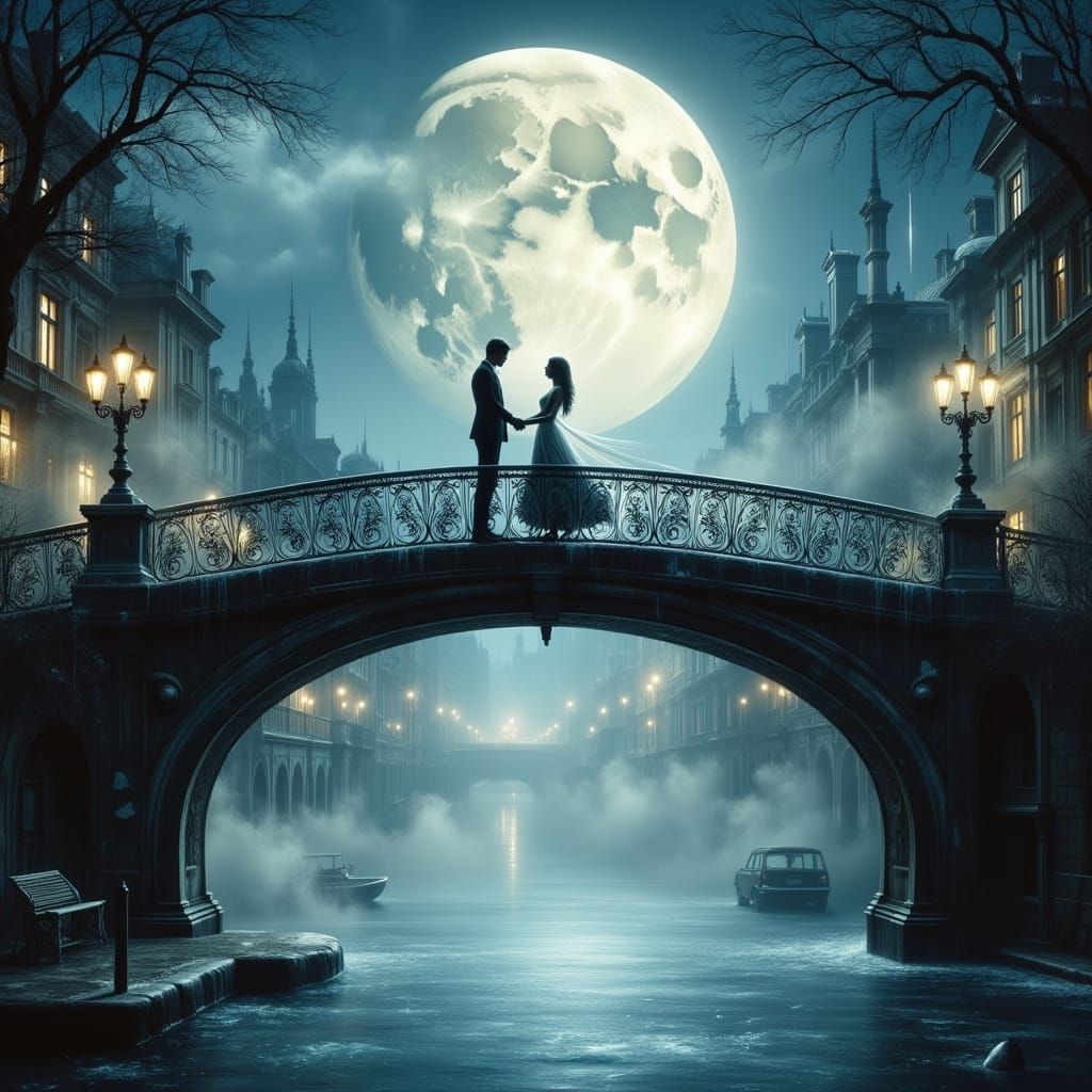 Couple Dancing on Moonlit Bridge in Impressionistic Style