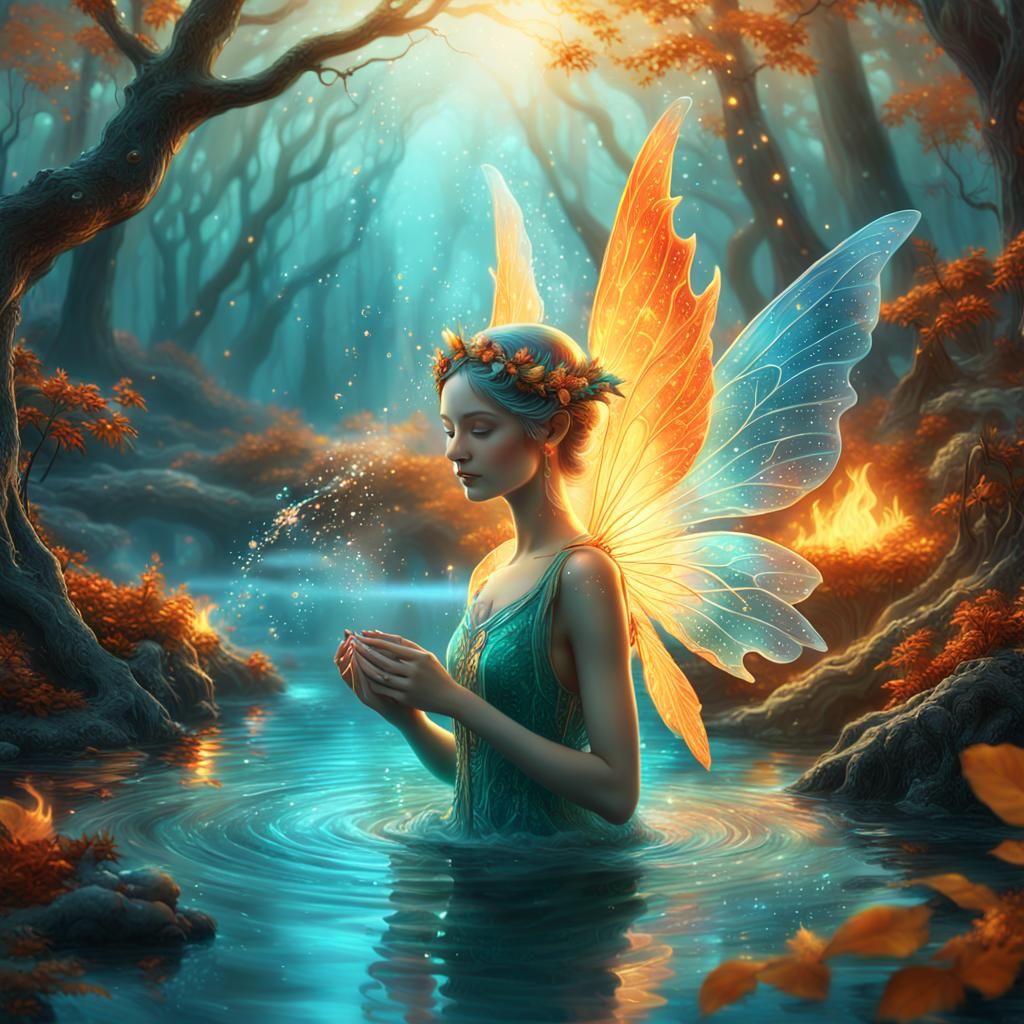 Water Fairy Nurturing Trees in Fiery Landscape