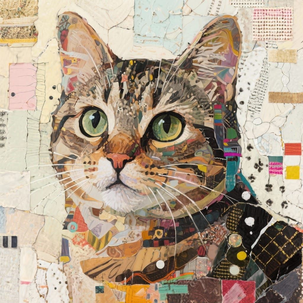 Whimsical Cat in Mixed Media Art Style