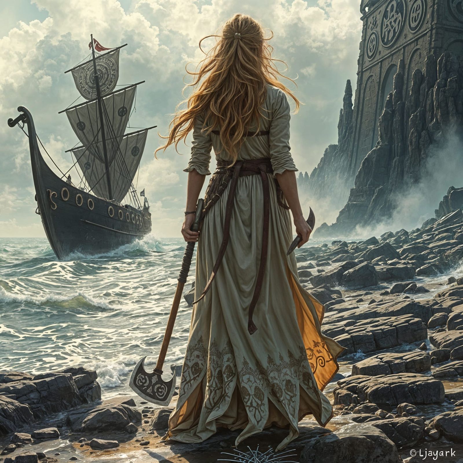 Nordic Maiden Waits on Stormy Beach