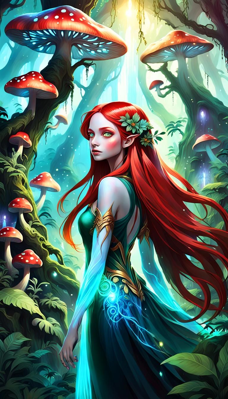 Alien Woman with Red Hair in Fantasy Jungle